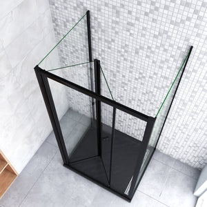 185cm Box Doccia a Tre Lati Porta a Soffietto 70cm con Doppia Parete Fissa 70x70cm in Vetro Temperato Trasparente 5 mm Profilo Nero Opaco