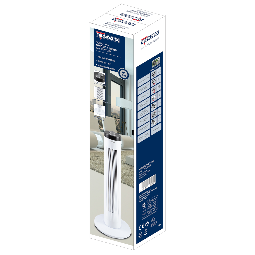 Termozeta Ventilatore a torretta Windzeta Living TZWZ06N 3 velocità 45W timer Bianco