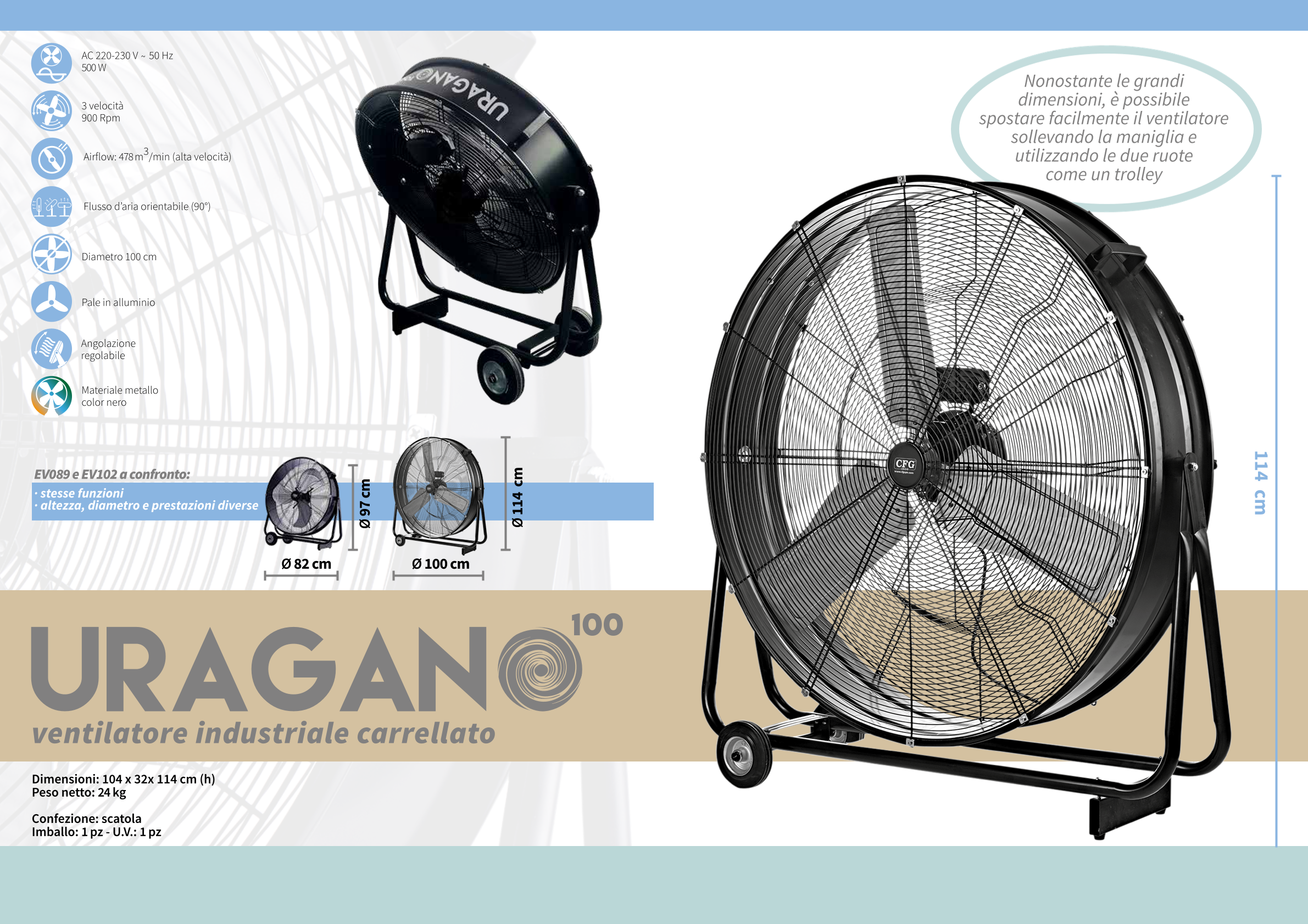 CFG URAGANO 100 VENTILATORE INDUSTRIALE EV102 CARRELLATO 500W ORIENTABILE DIAMETRO 100CM