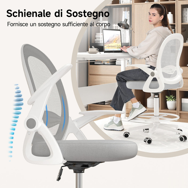 Sedia ufficio altezza alta - Mesh Drafting Chair - Altezza e Poggiapiedi Regolabili - braccioli regolabili - Capacità di Carico 120 kg - Grigio