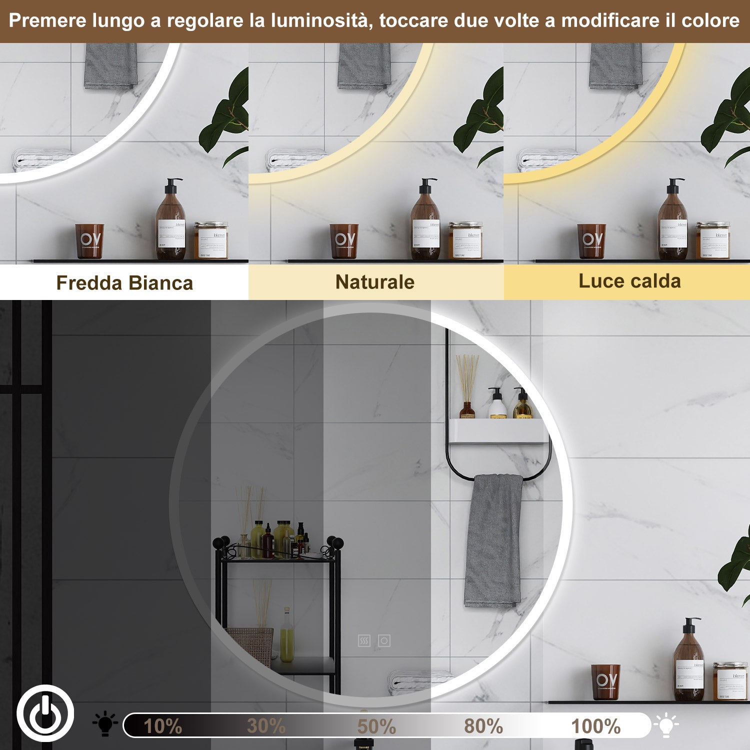 AICA Specchio da bagno 80 x 80 cm, 3 colori, antiappannamento, dimmerabile, interruttore touch, Funzione Memoria