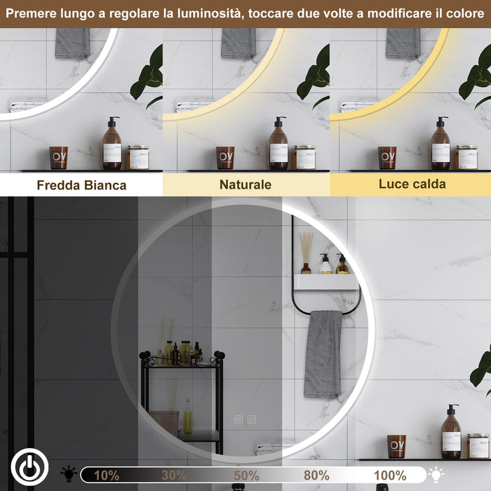 AICA Specchio da bagno 80 x 80 cm, 3 colori, antiappannamento, dimmerabile, interruttore touch, Funzione Memoria