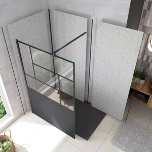 Doccia Walk In Parete Fissa Vetro Temperato 8 mm Anticalcare 120x200cm Semitrasparente Riquadri Nero Serigrafato Barra Stabilizzatrice da 90 cm