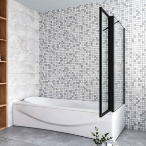 Parete Vasca Doccia 90x75cm Sopravasca Angolare 2 Ante Pieghevoli Vetro Temperato Trasparente da 4 mm con Parete Laterale da 6 mm H.140cm Telai Neri Opachi