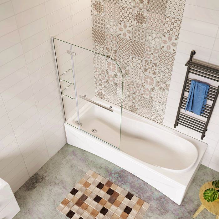 120x140 cm Sopravasca Parete Doccia Per Vasca Girevole Vetro Temperato 5 mm Trasparente Inclusi Due Ripiani Maniglia Portasciugamani Cromo Lucido