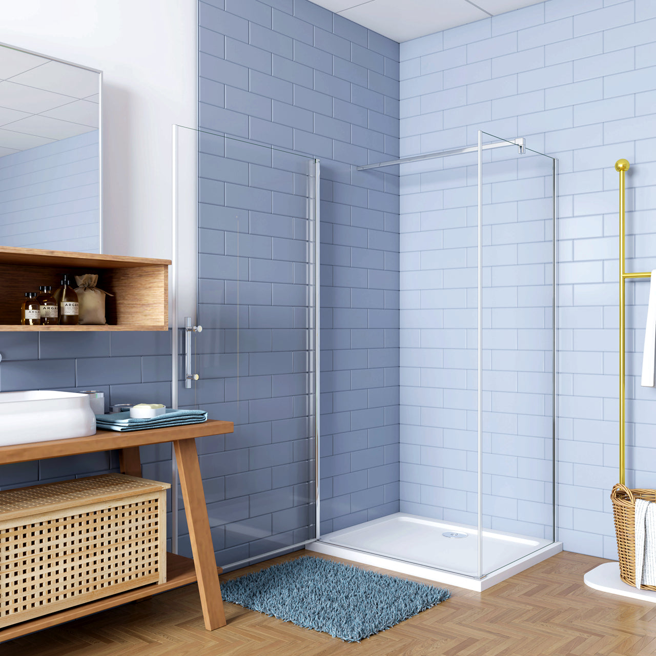 H.195cm Box Doccia Angolare Porta Battente con Lato Fisso 70x76cm Vetro Temperato 6mm Anticalcare Barra da 140 cm