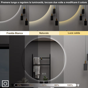 AICA Specchio da bagno 70 x 70 cm, 3 colori, antiappannamento, dimmerabile, interruttore touch, Funzione Memoria