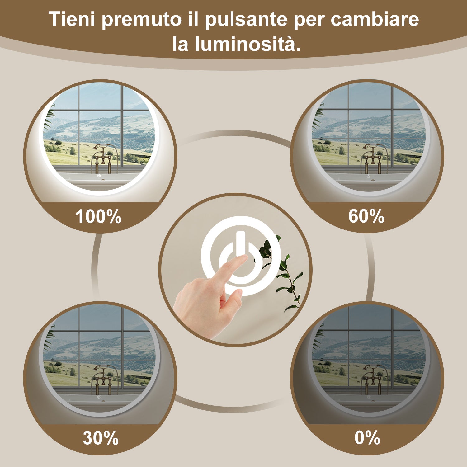 AICA SPECCHIO DA BAGNO ROTONDO CON LED 70 x 70 cm, antiappannamento, interruttore a sfioramento