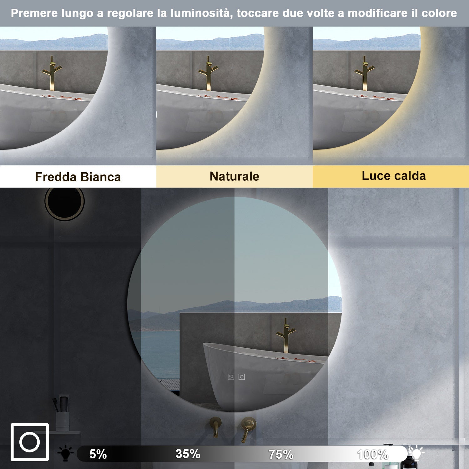 Specchio da bagno Rotondo con 60cm,3 colori,Memoria, Antifog,Regorabile,Retroilluminato,doppio interruttore,