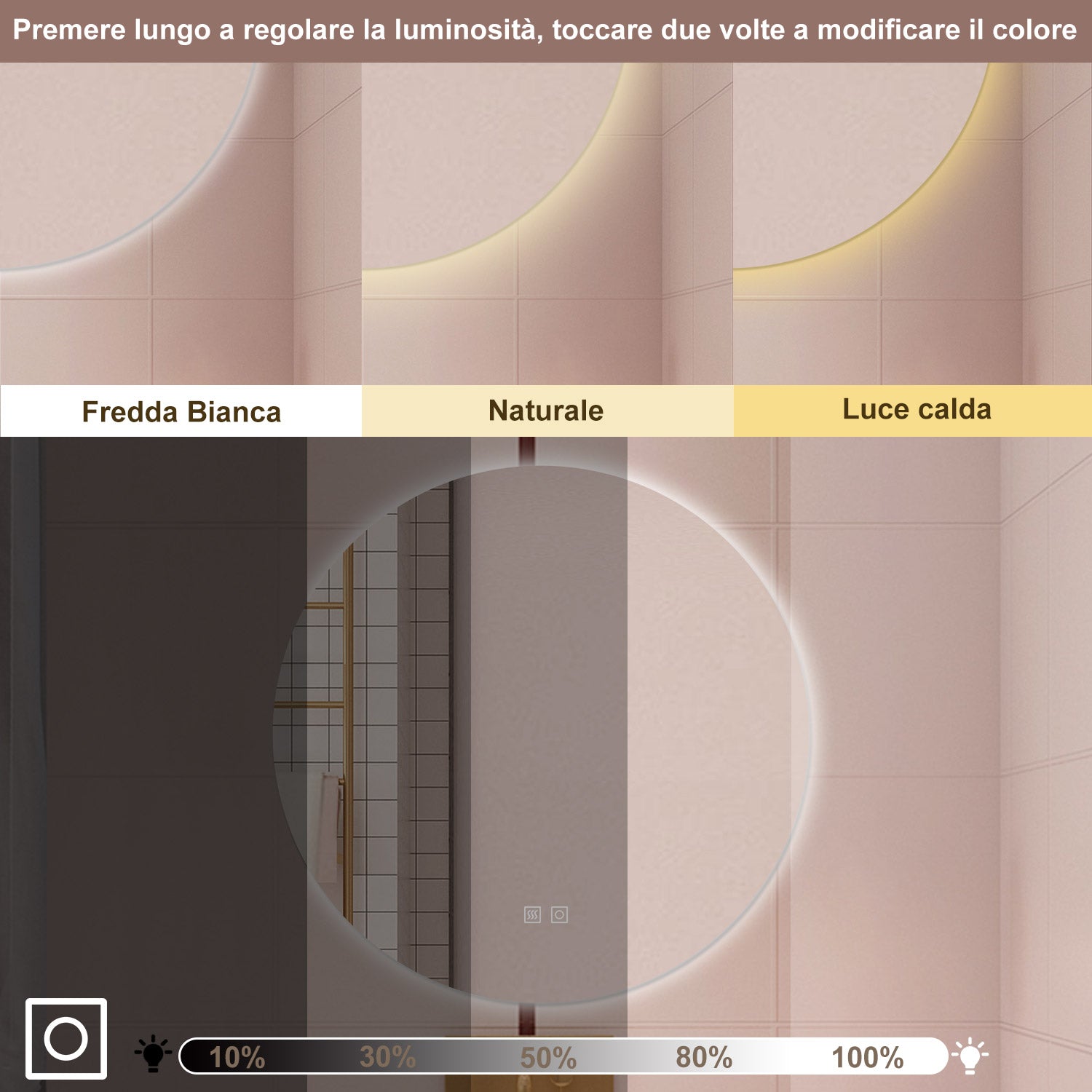 AICA Specchio da bagno 90 x 90 cm, 3 colori, antiappannamento, dimmerabile, interruttore touch, Funzione Memoria