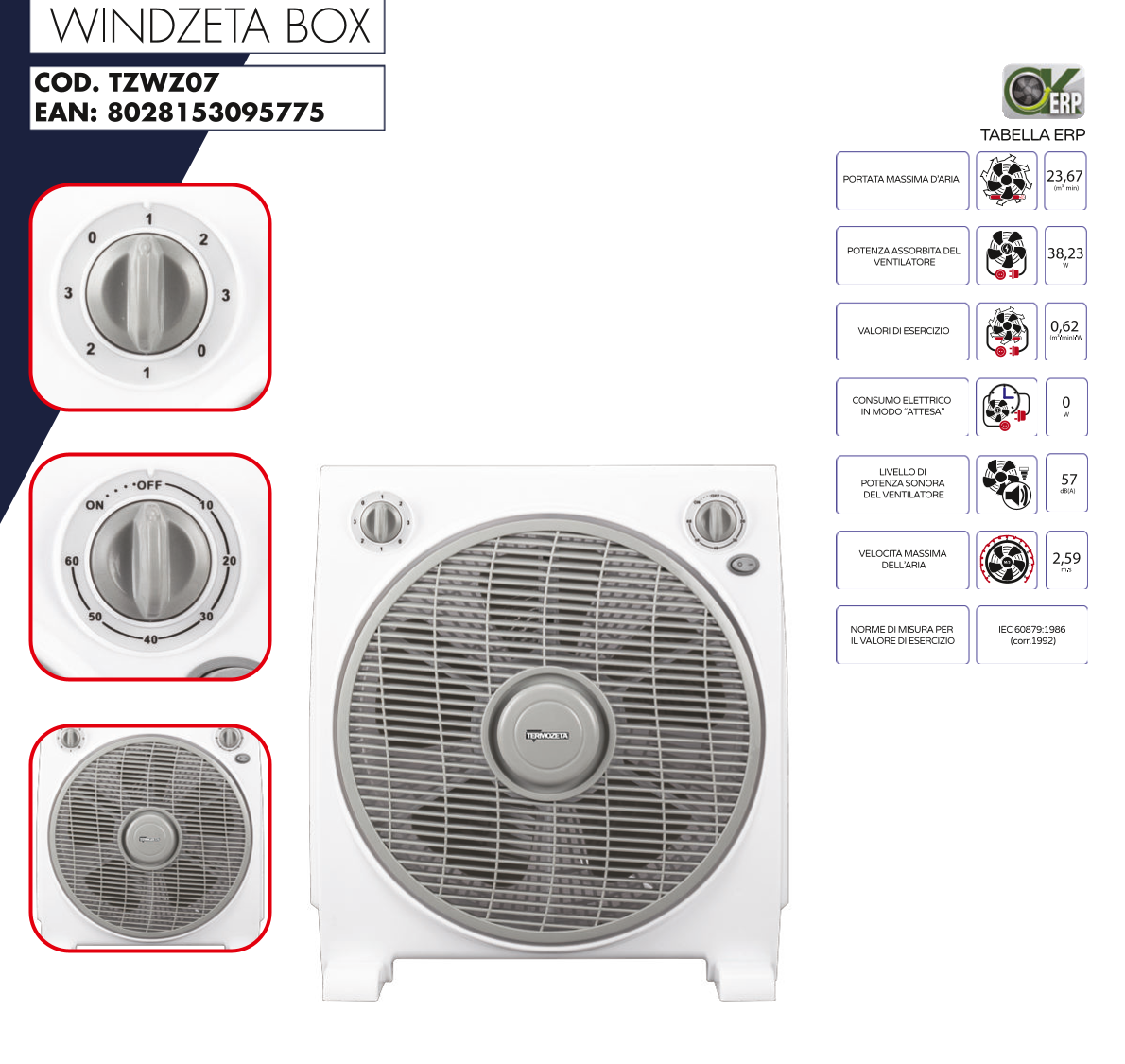 Ventilatore da pavimento Termozeta TZWZ07 3 velocità 30cm diametro compatto piccolo timer 60 minuti 45W