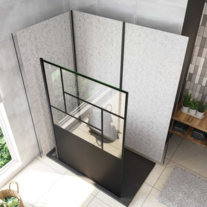 Doccia Walk In Parete Fissa Vetro Temperato 8 mm Anticalcare 100x200cm Semitrasparente Riquadri Nero Serigrafato