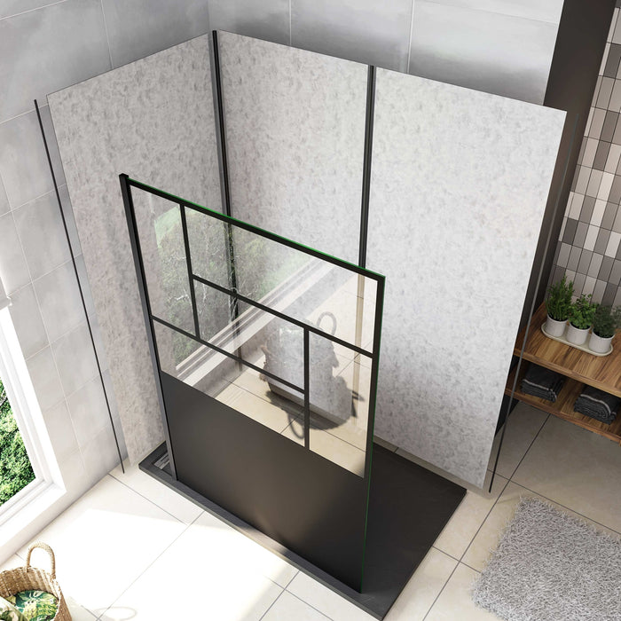 Doccia Walk In Parete Fissa Vetro Temperato 8 mm Anticalcare 100x200cm Semitrasparente Riquadri Nero Serigrafato