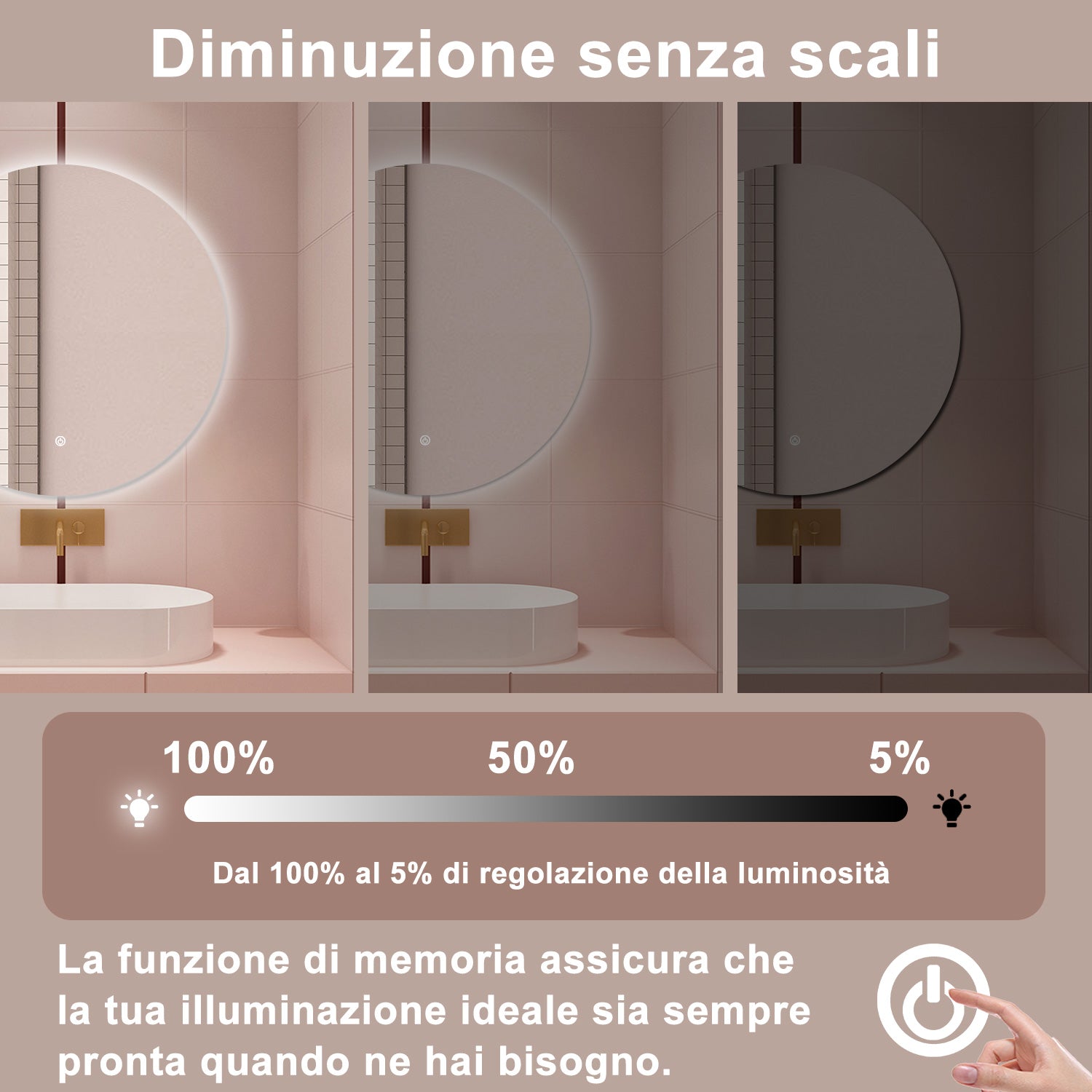 AICA Specchio da bagno 100 x 100 cm, antiappannamento, dimmerabile, interruttore touch, Funzione Memoria