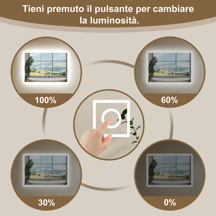 Aica Specchio da bagno a LED con Bluetooth 70 x 50 cm, 3 colori di luce regolabili, tasti a sfioramento