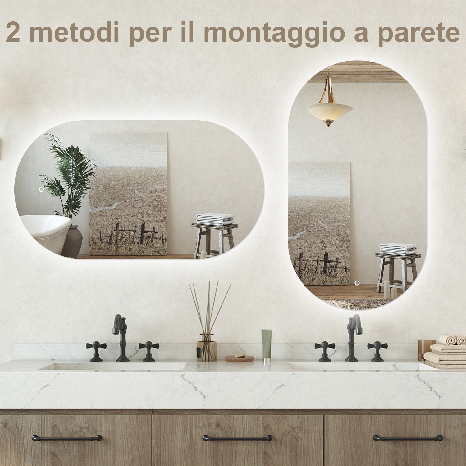 Specchio bagno ovale 50x90 cm con led. Dimmerabile + Touch Control + Bordo non sabbiato + IP44