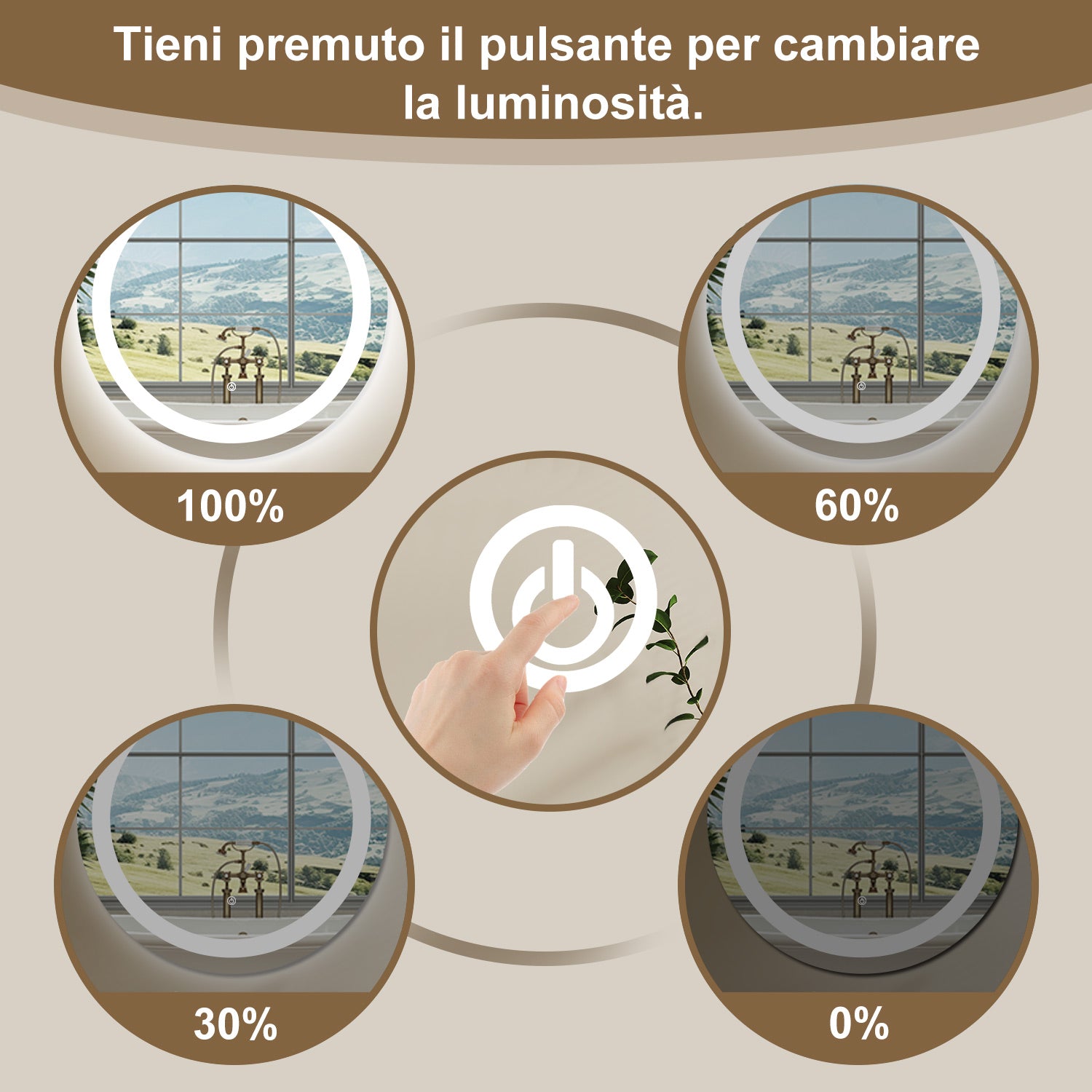 AICA SPECCHIO DA BAGNO ROTONDO CON LED 60 x 60 cm, antiappannamento, interruttore a sfioramento