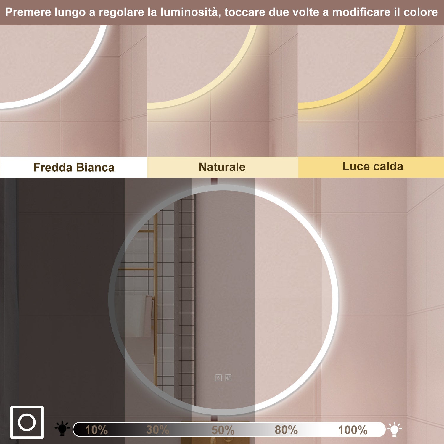 AICA Specchio da bagno 70 x 70 cm, blue tooth, 3 colori, antiappannamento, dimmerabile, interruttore touch, Funzione Memoria