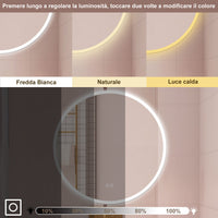 AICA Specchio da bagno 70 x 70 cm, blue tooth, 3 colori, antiappannamento, dimmerabile, interruttore touch, Funzione Memoria