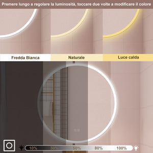 AICA Specchio da bagno 70 x 70 cm, blue tooth, 3 colori, antiappannamento, dimmerabile, interruttore touch, Funzione Memoria