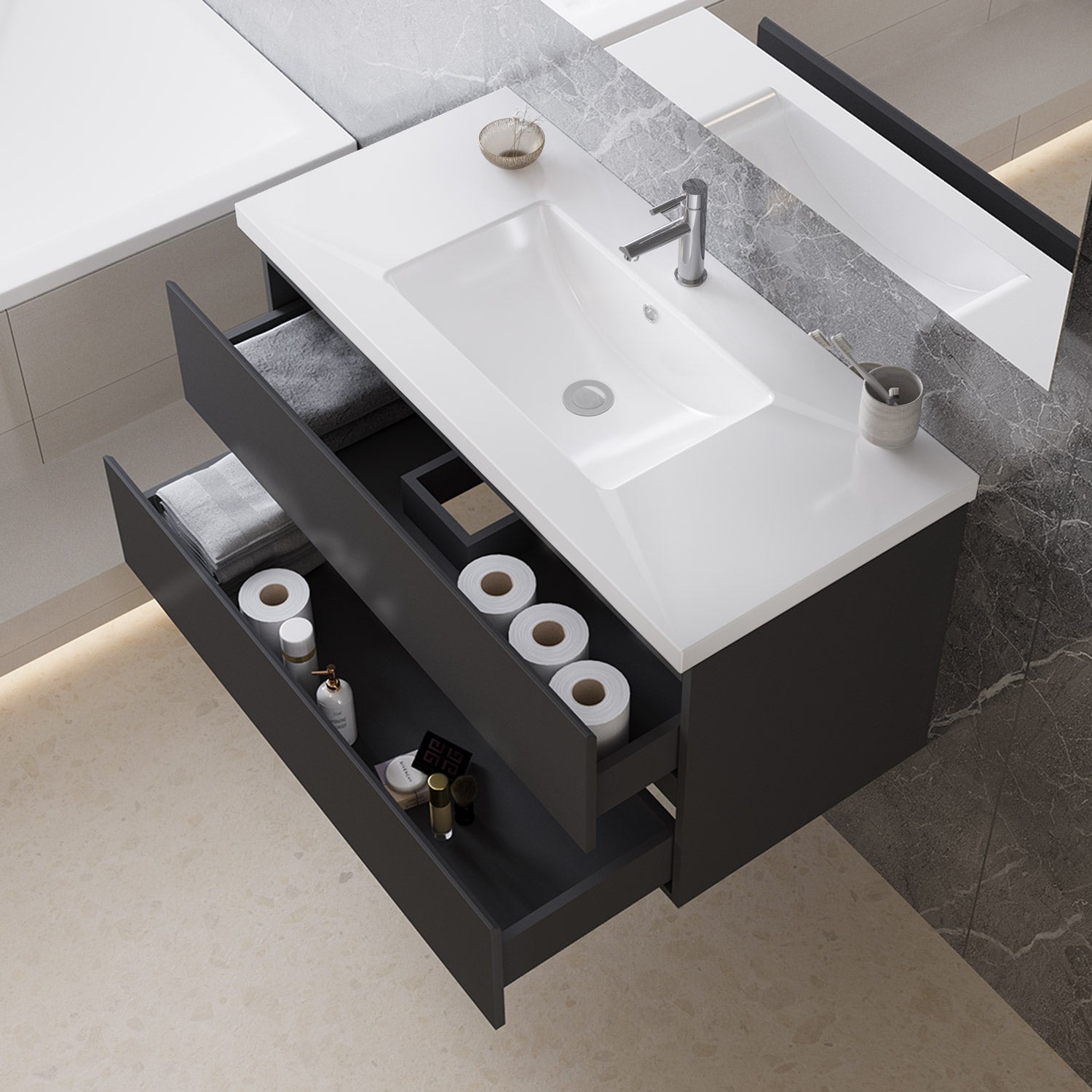 Mobile bagno sospeso con lavabo da incasso 99 cm,bianco,2 cassetti