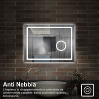 80 x 60 cm,AICA Specchio da Bagno LED con Luce, 3 Colori Regolabili,Blue tooth, Ingrandimento,memoria, antiappannamento,CRI>90,autospegnimento