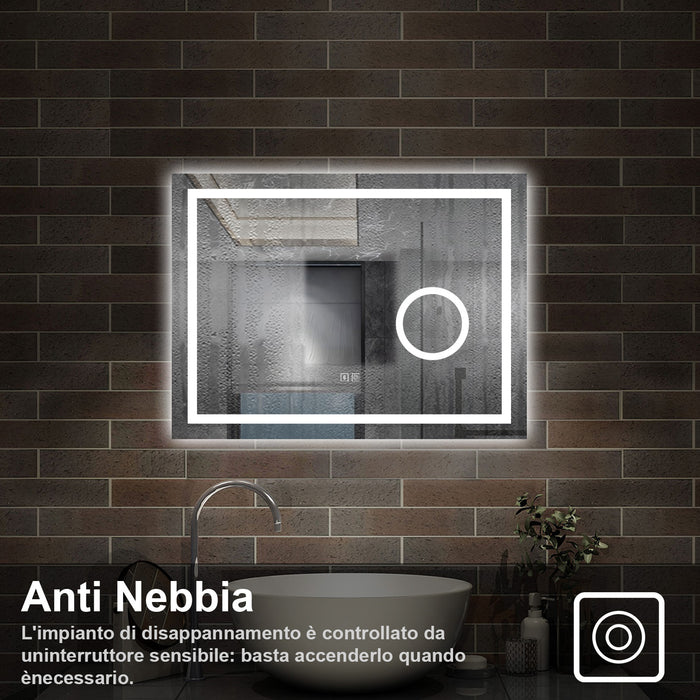 80 x 60 cm,AICA Specchio da Bagno LED con Luce, 3 Colori Regolabili,Blue tooth, Ingrandimento,memoria, antiappannamento,CRI>90,autospegnimento