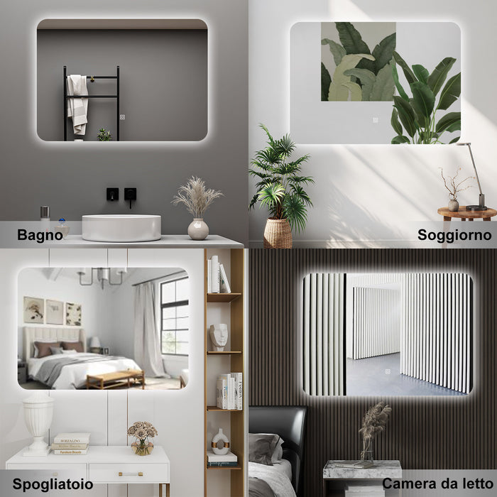 AICA Specchio da bagno 80 x 60 cm, dimmerabile, interruttore touch, Funzione Memoria