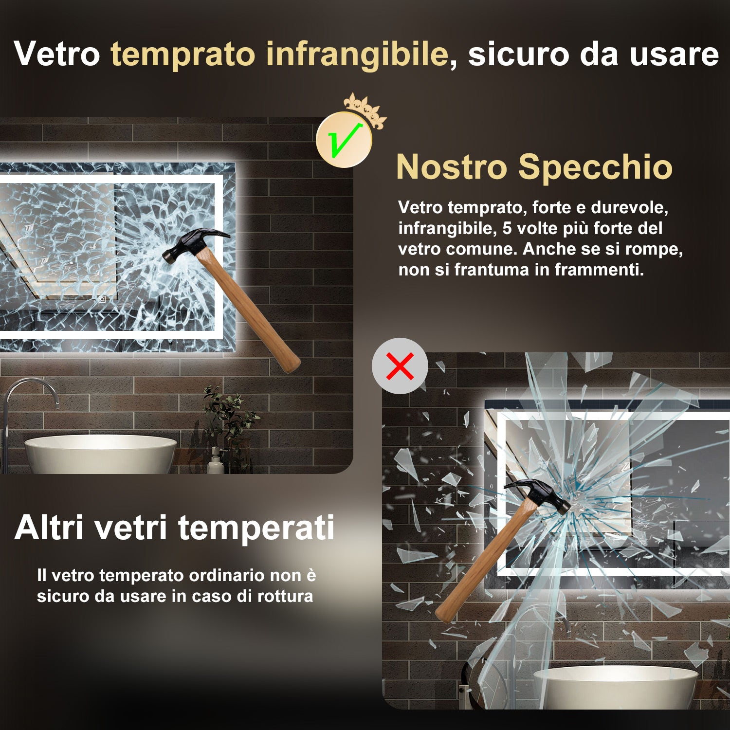 specchio rettangolare 70 x 50 cm con luce led antiappannamento e touch, 3 colori