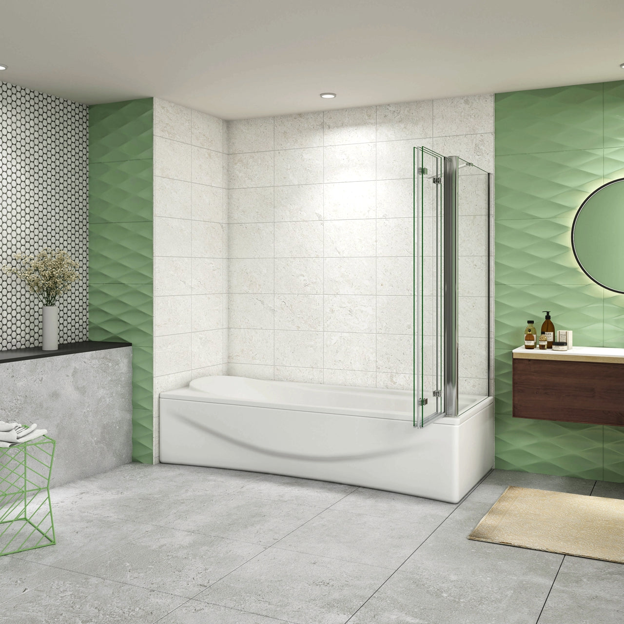 H.140 cm Parete Doccia Per Vasca con Lato Fisso 130x75 cm 3 Ante Movibili Pieghevoli a Libro in Vetro Temperato 6 mm Trasparente Anticalcare Telaio Cromo Lucido