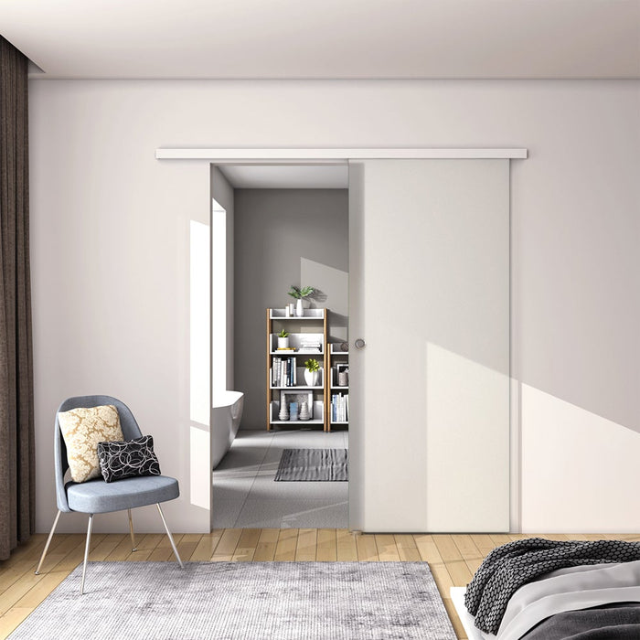 100x225 cm Porta Scorrevole in Vetro da 8 mm Temperato Opaco con Pellicola Anti-frantumi con Binario in Alluminio Bianco Verniciato