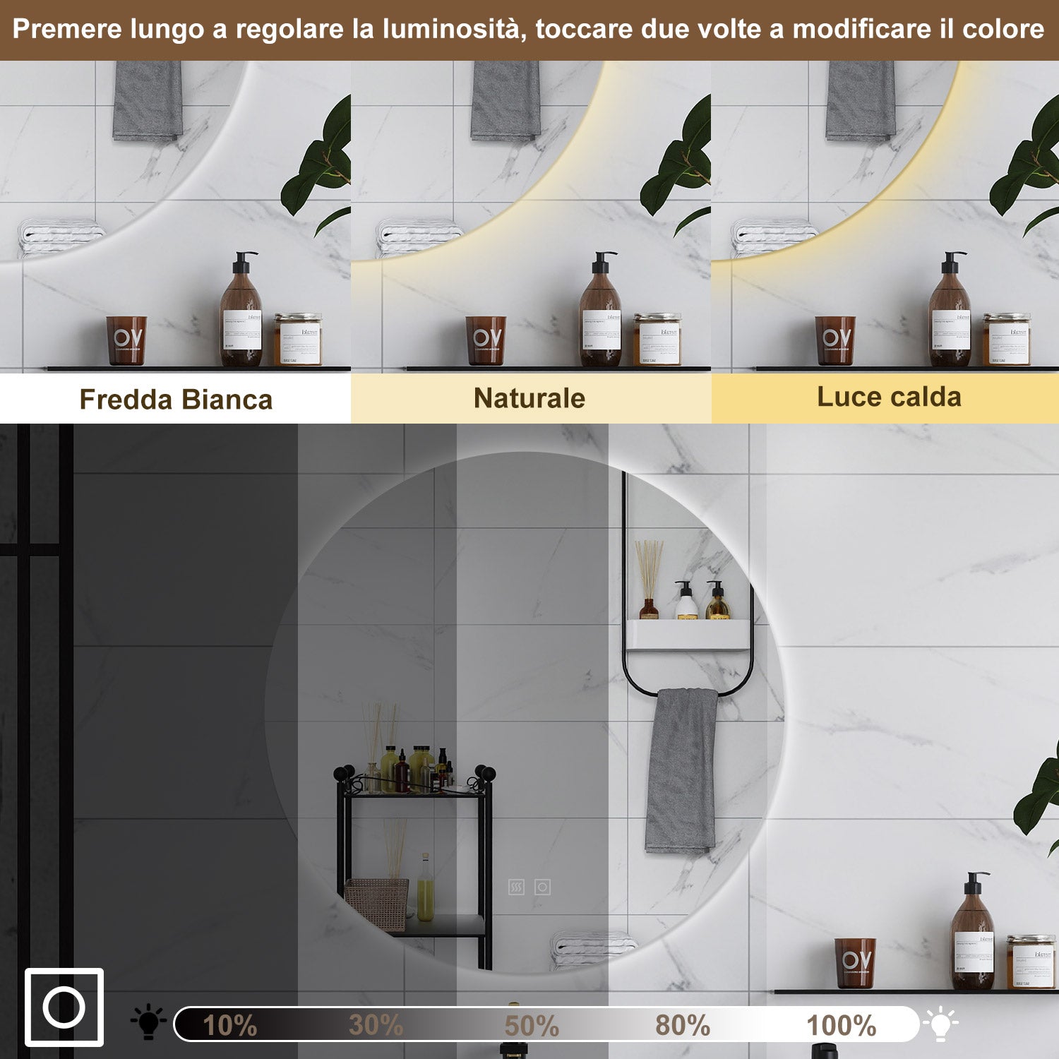 AICA Specchio da bagno 70 x 70 cm, 3 colori, antiappannamento, dimmerabile, interruttore touch, Funzione Memoria