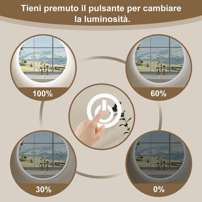 AICA SPECCHIO DA BAGNO ROTONDO CON LED 90 x 90 cm, antiappannamento, interruttore a sfioramento