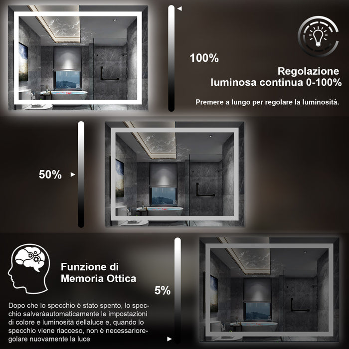 80 x 60 cm,AICA Specchio da Bagno LED con Luce, memoria, antiappannamento,CRI>90,autospegnimento,interruttore touch