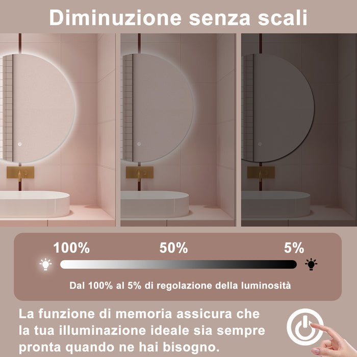 AICA Specchio da bagno 80 x 80 cm, antiappannamento, dimmerabile, interruttore touch, Funzione Memoria