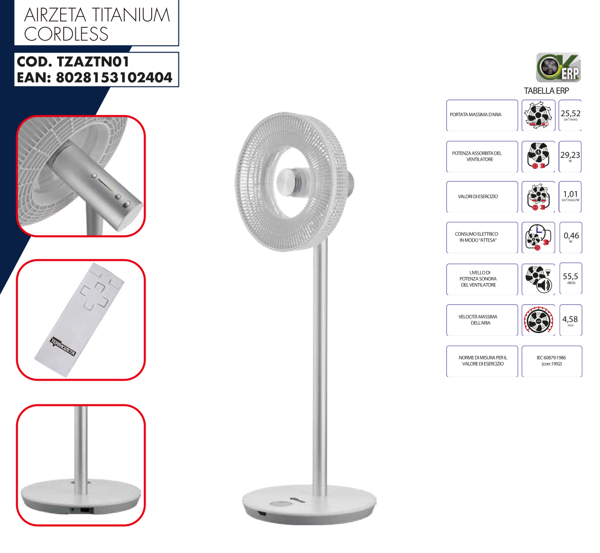 Ventilatore Ricaricabile a Piantana TERMOZETA Airzeta Titanium tzaztn01 Litio