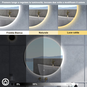 Specchio da bagno Rotondo con 120cm,3 colori,Memoria, Antifog,Regorabile,Retroilluminato,doppio interruttore,