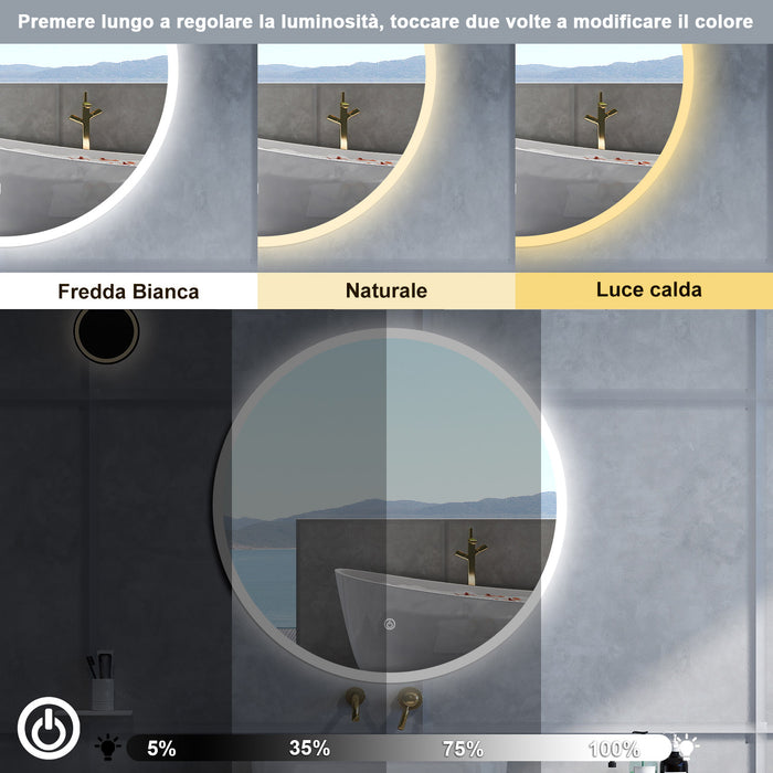Specchio da bagno Rotondo con 120cm,3 colori,Memoria, Antifog,Regorabile,Retroilluminato,doppio interruttore,