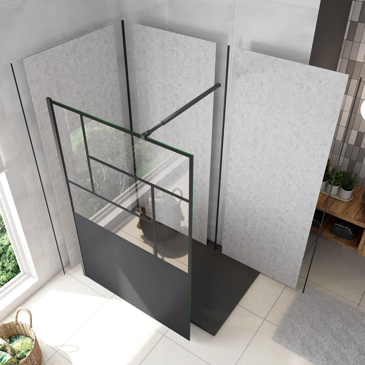 Doccia Walk In Parete Fissa Vetro Temperato 8 mm Anticalcare 100x200cm Semitrasparente Riquadri Nero Serigrafato Barra Stabilizzatrice da 73-120 cm