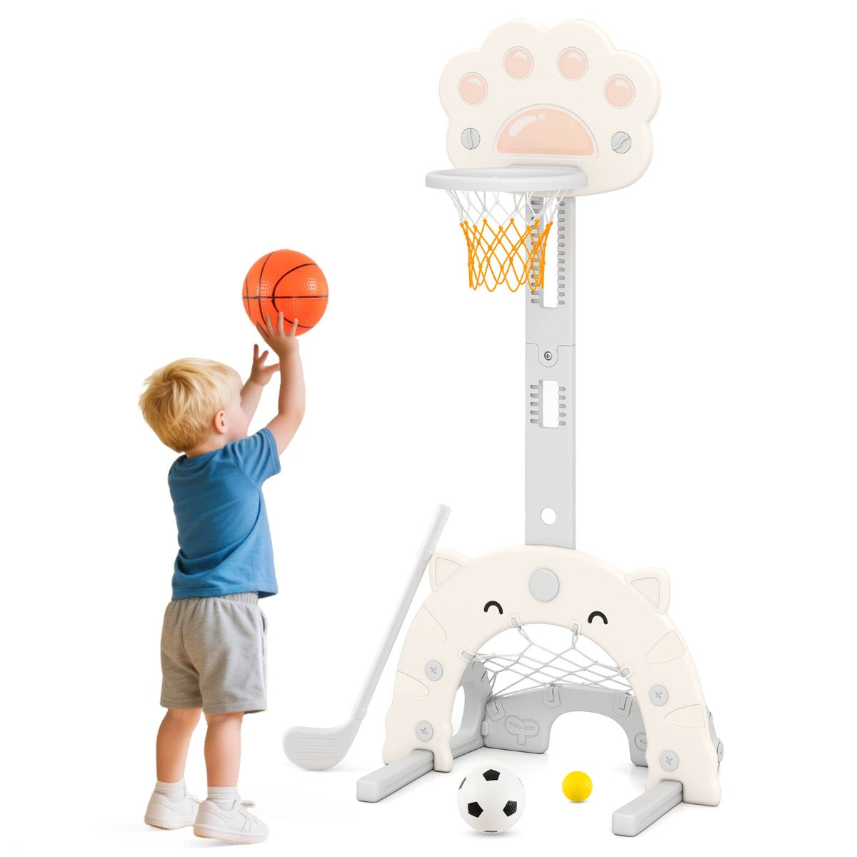 Set da gioco per attivit¨¤ interno e esterno con altezza regolabile, 3 in 1 canestro da basket per bambini di basket Grigio-Giocattoli sportivi