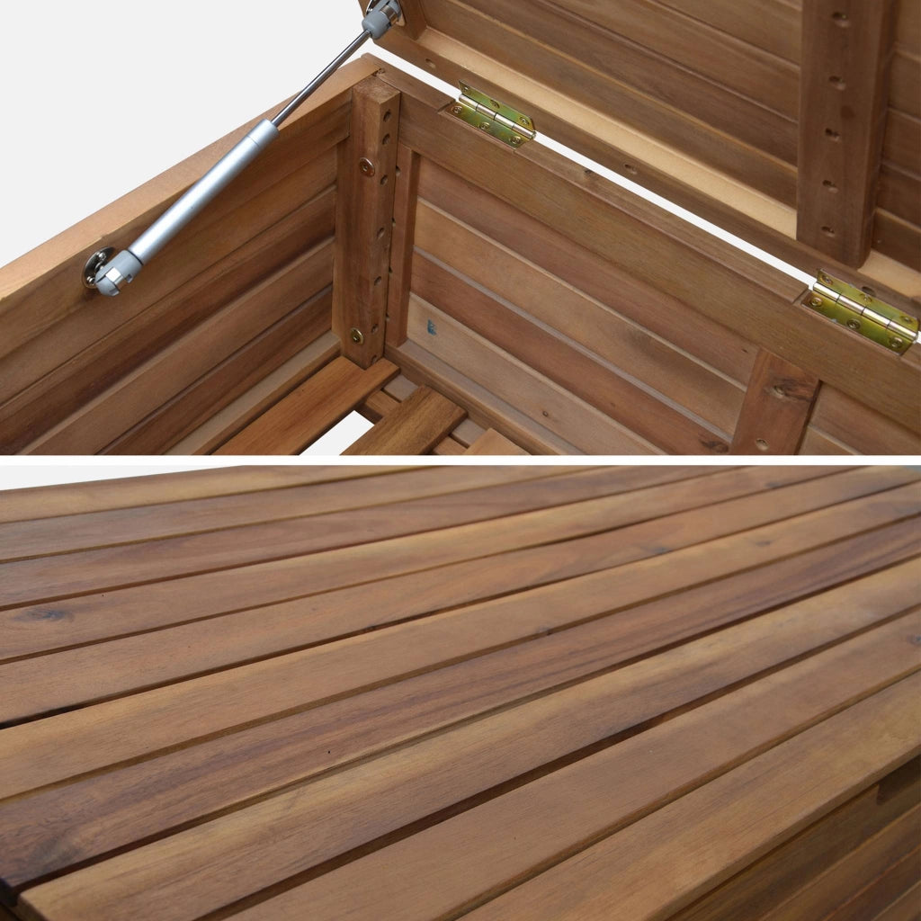 Baule da giardino in legno con rotelle, 110l, marrone naturale