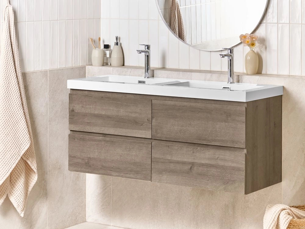 Mobile bagno a parete con doppio lavabo Fronte MDF 4 cassetti 120 x 46 cm tortora design elegante