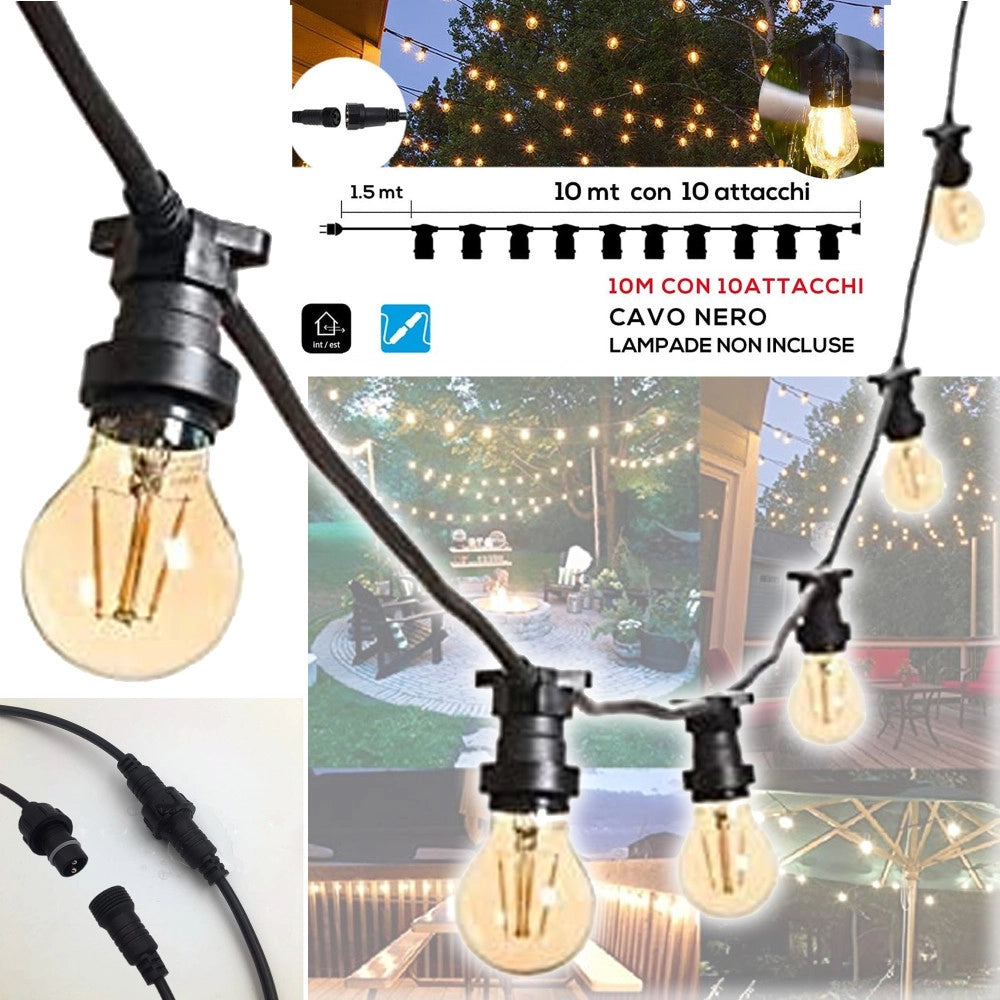 Trade Shop - Catena Luminosa Led Catenaria Con 10 Portalampade E27 10mt Prolungabile Ip54 -