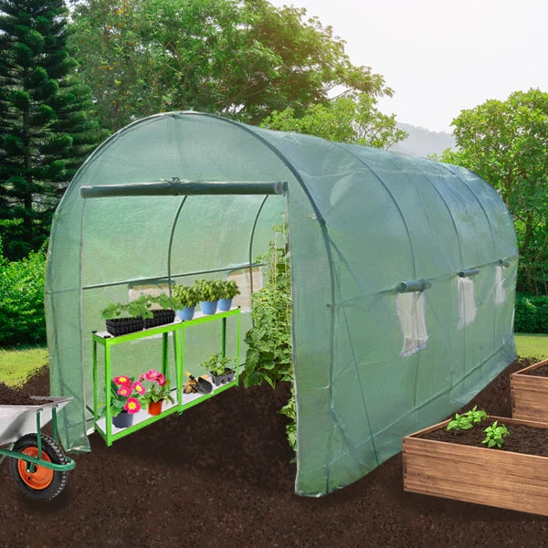 Serra da Giardino a Tunnel da Esterno in Polietilene Resistente alla Corrosione e Raggi UV Telaio in Ferro Galvanizzato per Piante Giardinaggio - 25mm - 6m x 3m & Scaffali