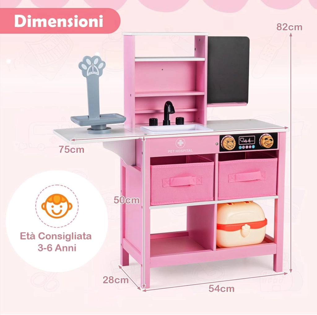 Kit Medico Giocattolo in Legno, Centro Veterinario Pieghevole con Bilancia Animali e 22 Accessori, Gioco Educativo Simulazione Dottore, Regalo per Bambini 3-6 Anni (Rosa)