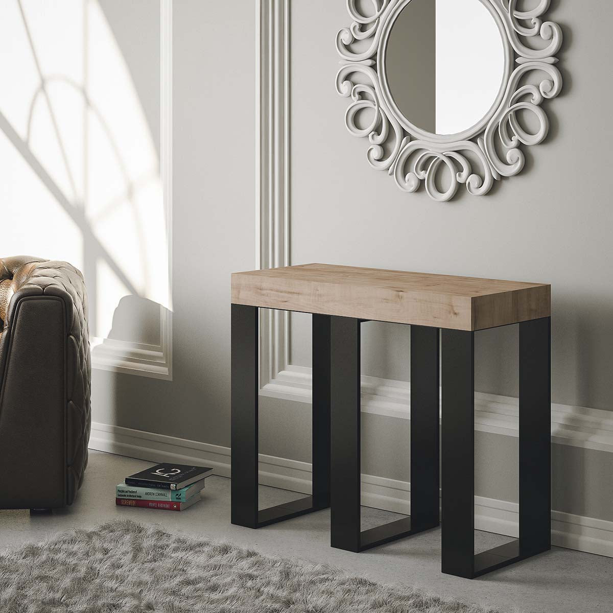 Consolle Allungabile in Legno e Ferro H77x40x90/300cm Sintesi Rovere Classica