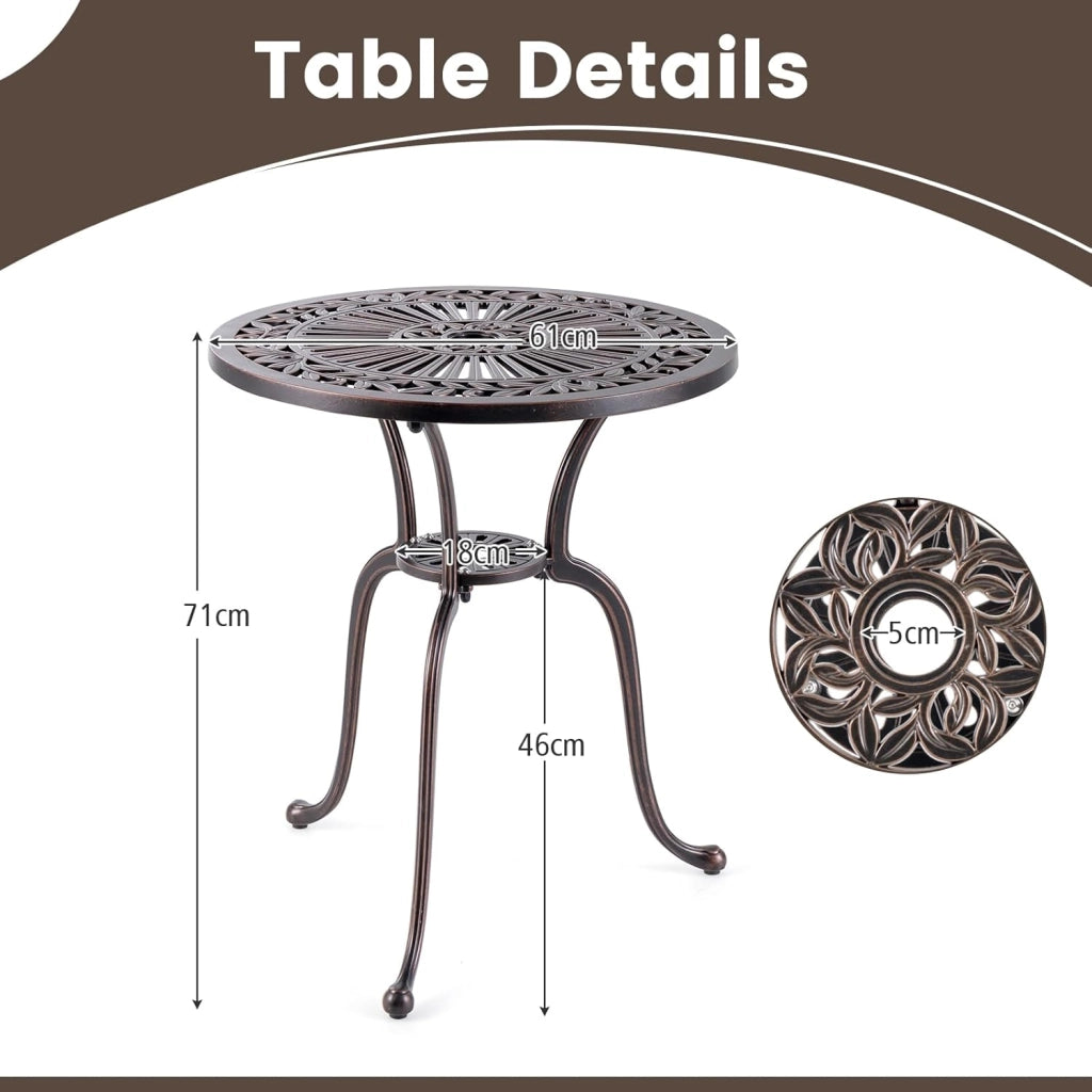 Tavolo da bistrot per esterni, φ61 cm, con foro per ombrellone e poggiapiedi regolabili, resistente alle intemperie, balcone in alluminio pressofuso