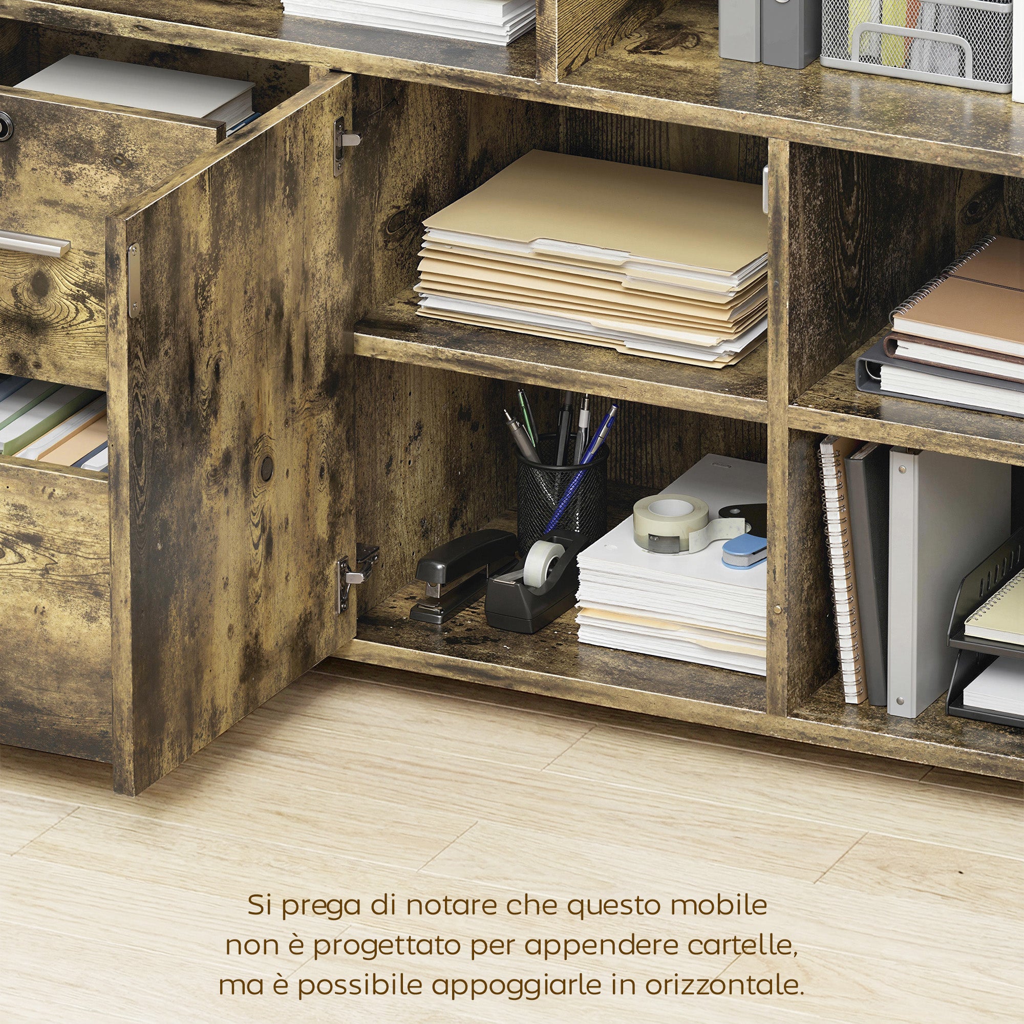 Mobile Porta Stampante 100x35x65 cm a Rotelle con 2 Cassetti 3 Ripiani e 2 Armadietti in Legno Marrone