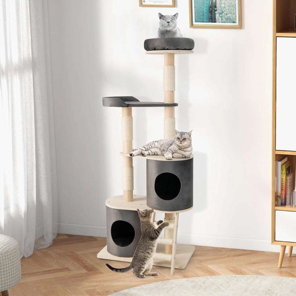 Albero Tiragraffi per Gatti, Tiragraffi per Gatti Multilivello con 2 Cucce Accoglienti, Trespolo in Tessuto Felpato, Piattaforma, Pali Tiragraffi e Scala con Rivestimento in Sisal