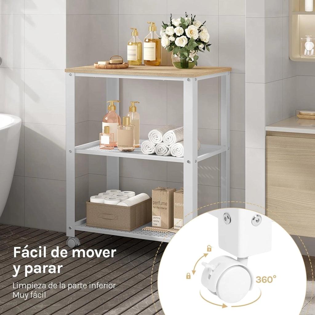 Carrello da Cucina a 3 Ripiani, con 4 Ruote Girevoli, per Cucina, Sala da Pranzo, Soggiorno, Legno e Metallo, 60x40x76cm (Bianco+Rovere Chiaro)